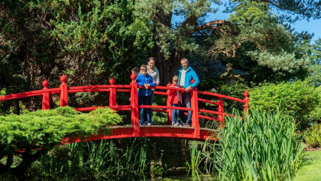 People chatting on the iconic red bridge at the Japanese Gardens